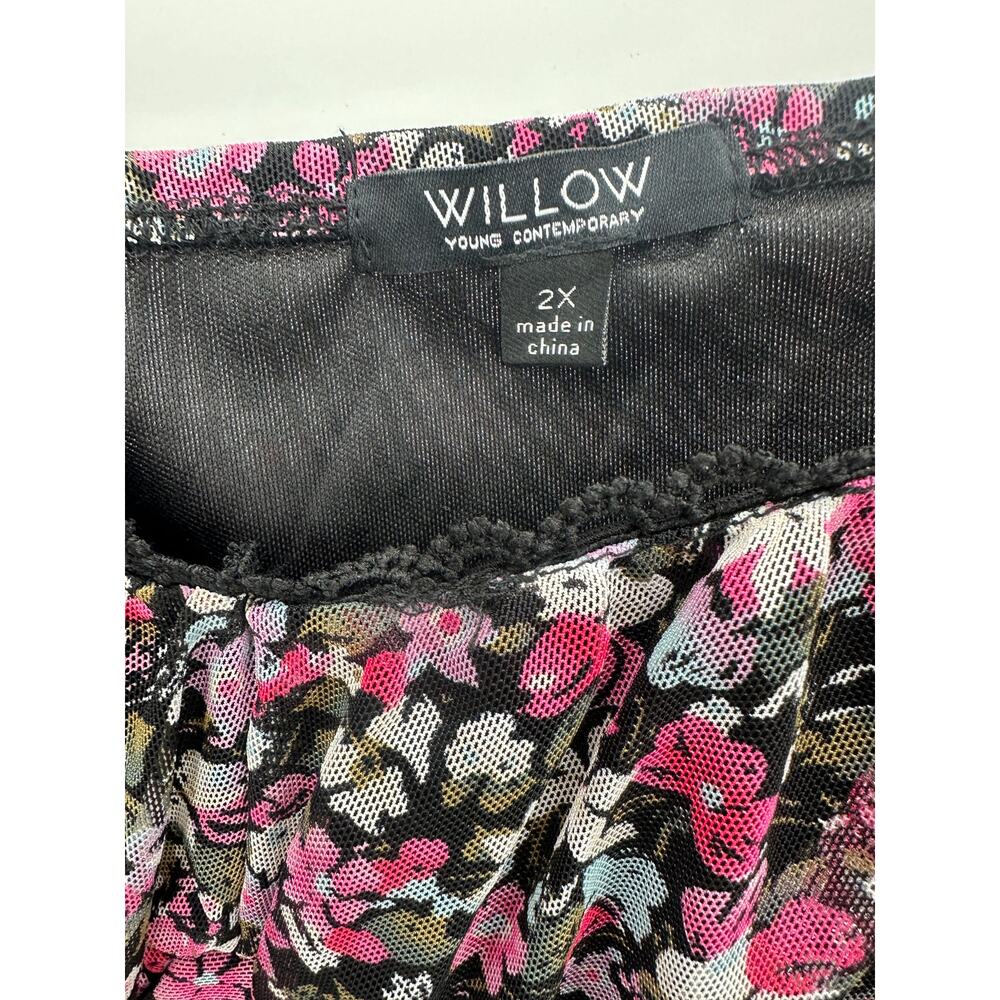 Willow Black Pink Microfloral Ruched Smock Ruffle Sleeve Tank‎ Top Women 2X NWT - Picture 5 of 8
